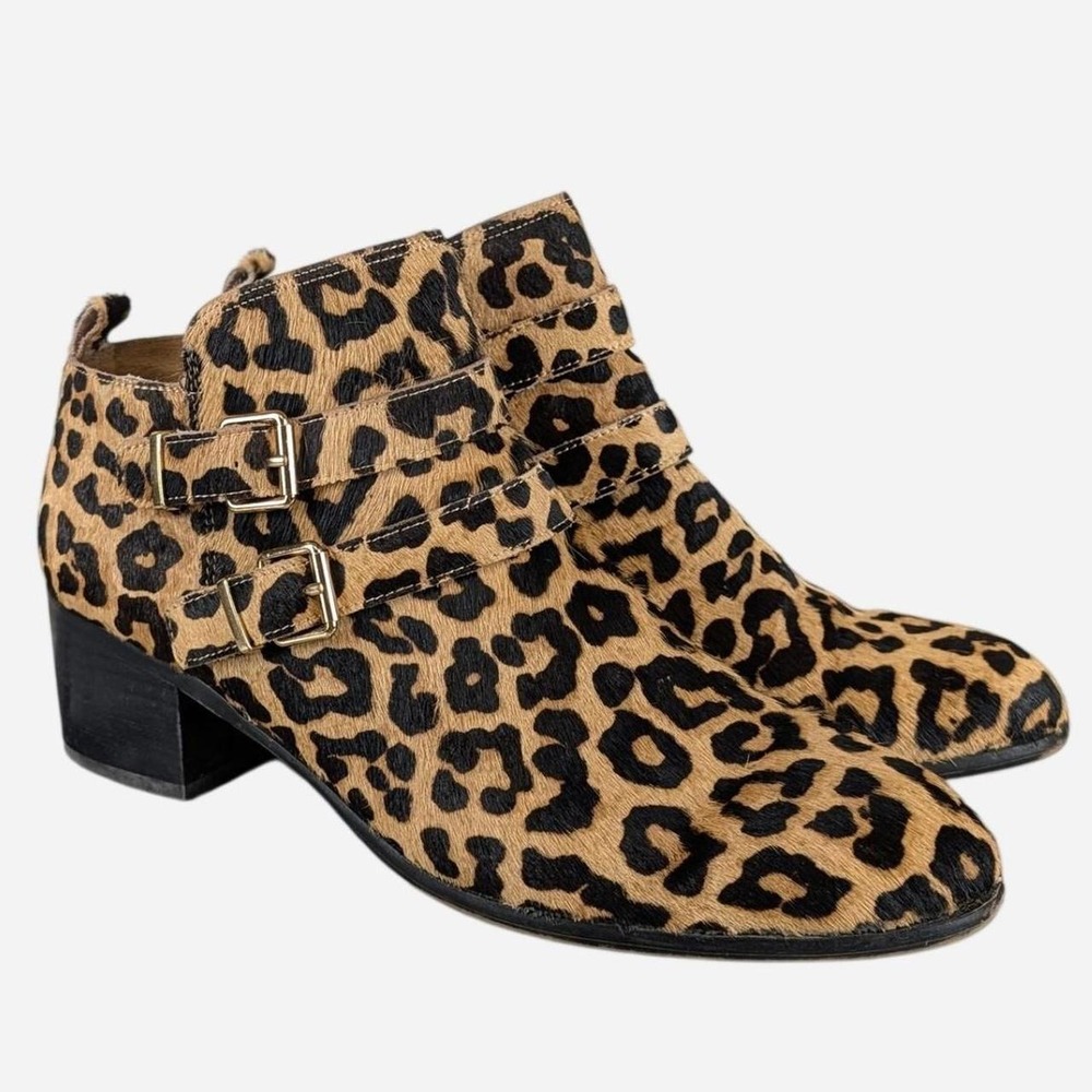 Franco Sarto Raina Leopard Calf Hair Ankle Boots Buckle Tan 10